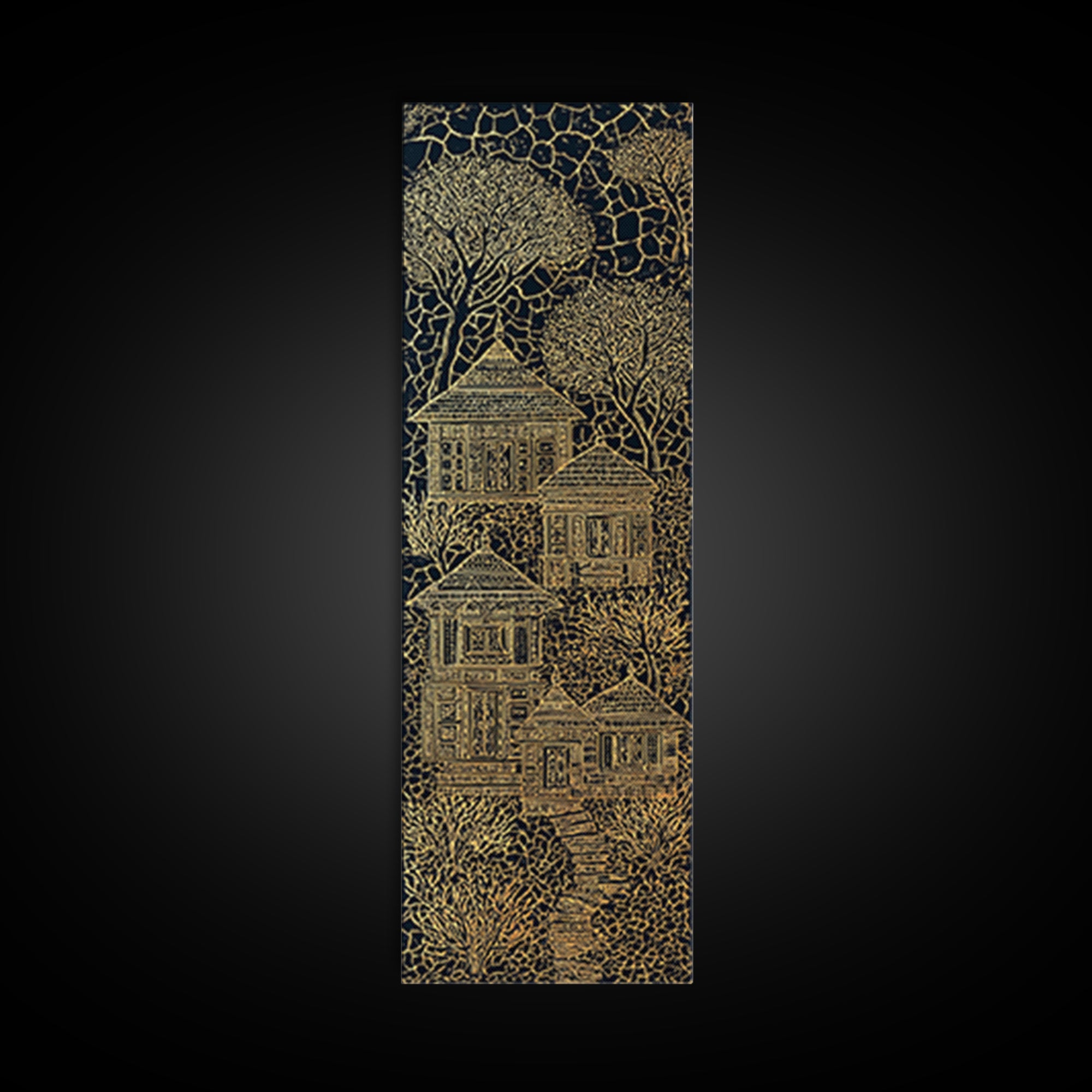 Golden Line Art Village House Canvas Print, African Inspired Black And Gold Wall Art, Boho Tribal Decor, Unique Home Decor
