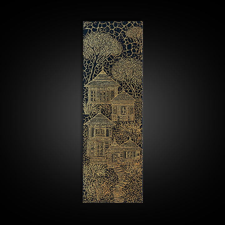 Golden Line Art Village House Canvas Print, African Inspired Black And Gold Wall Art, Boho Tribal Decor, Unique Home Decor