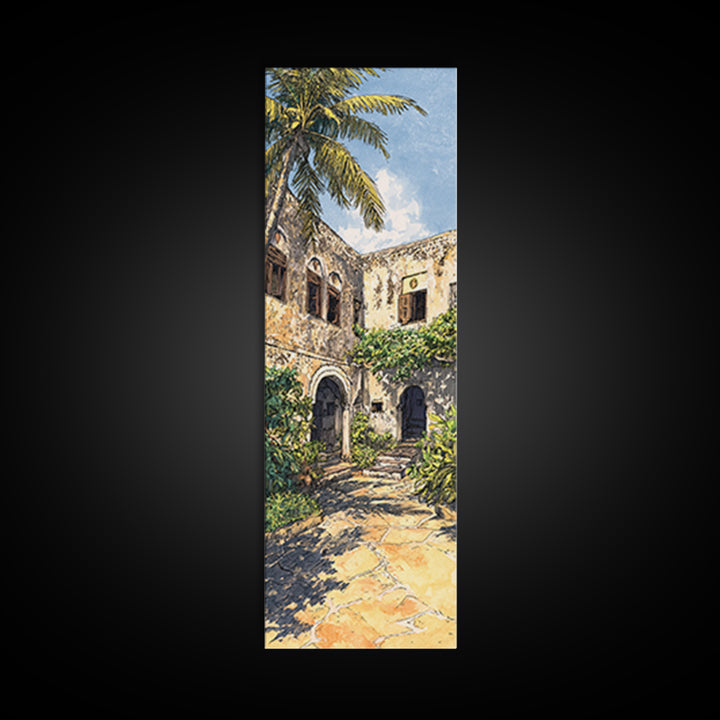 Tropical Ruin Courtyard Wall Art, Zanzibar Palm Architecture Canvas Print, African Travel Decor, Botanical Home Decor Gift