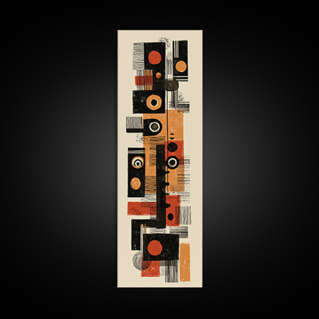Orange Black Mid Century Geometric Blocks Canvas Print, Abstract African Inspired Wall Decor, Modern Minimalist Office Art