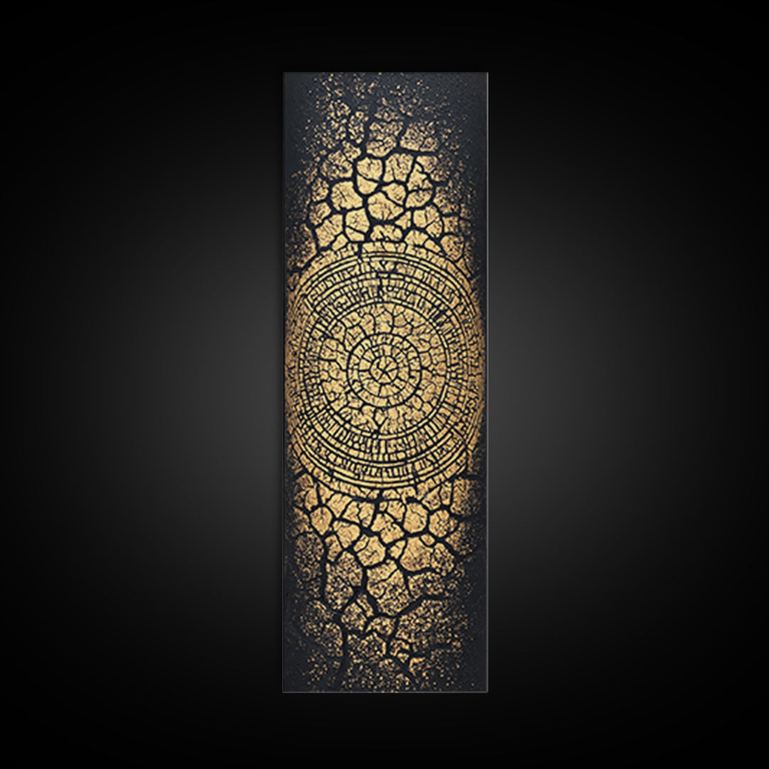 Gold Spiral On Black Cracked Texture Wall Art, African Inspired Abstract Canvas Print, Luxe Tribal Modern Home Decor Gift