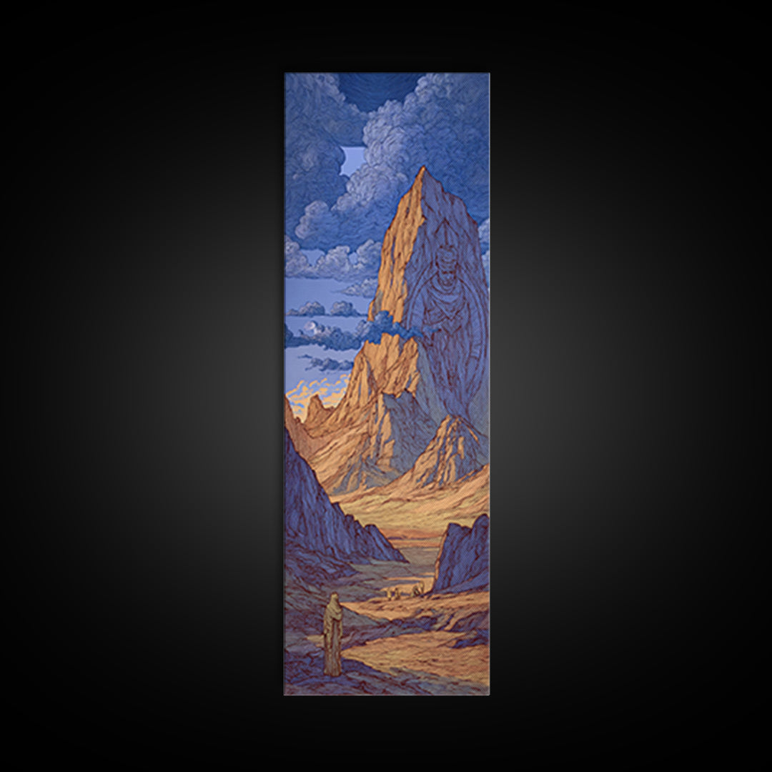 Blue Desert Mountain Monolith And Lone Figure Wall Art, Mystical Landscape Canvas Print, Dreamy Southwest Fantasy Decor Gift