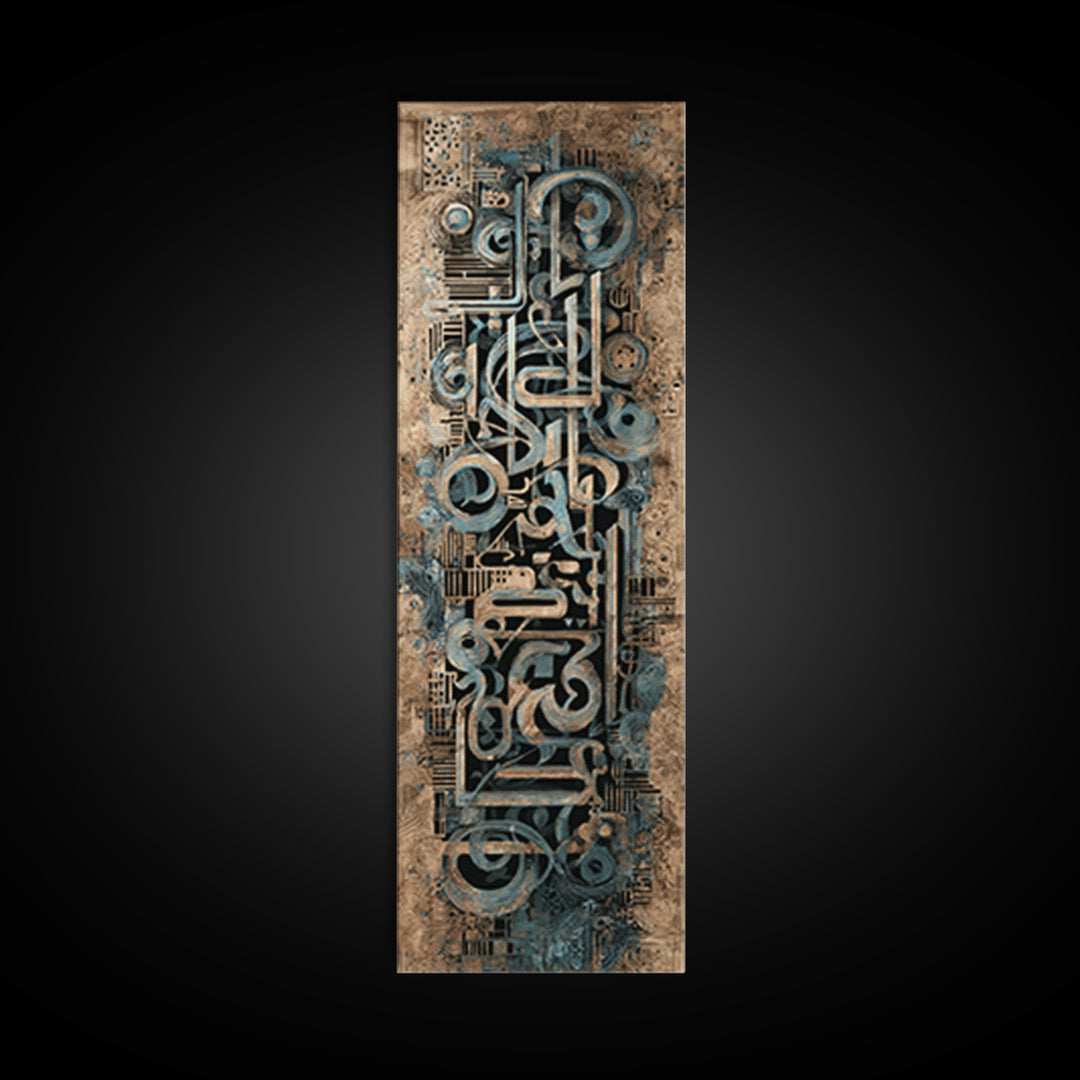 Intricate Teal Circuit Glyphs And Tribal Patterns Wall Art, Abstract African Art Decor, Geometric Canvas Print For Office