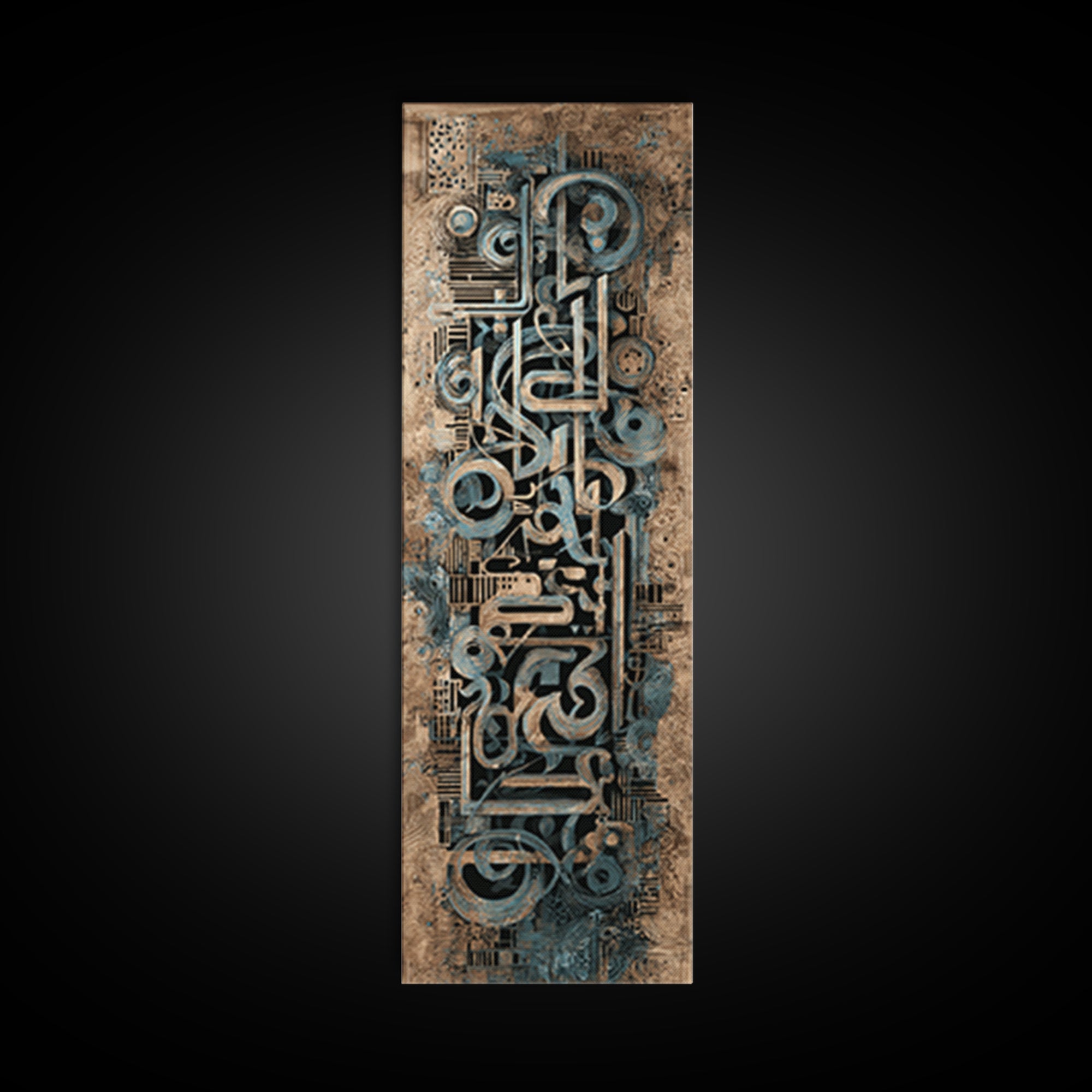 Intricate Teal Circuit Glyphs And Tribal Patterns Wall Art, Abstract African Art Decor, Geometric Canvas Print For Office
