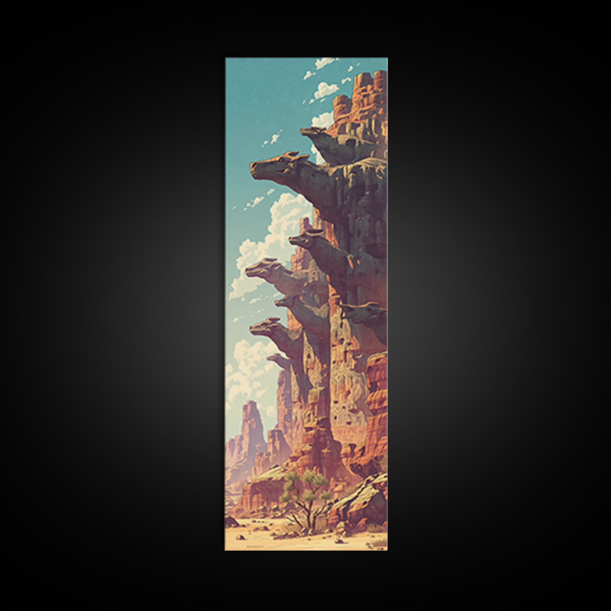 Sunlit Canyon Cliffs With Floating Rock Platforms Wall Art, Fantasy Desert Landscape Canvas Print, Unique Statement Decor