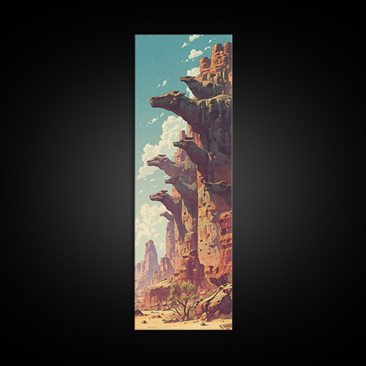 Sunlit Canyon Cliffs With Floating Rock Platforms Wall Art, Fantasy Desert Landscape Canvas Print, Unique Statement Decor