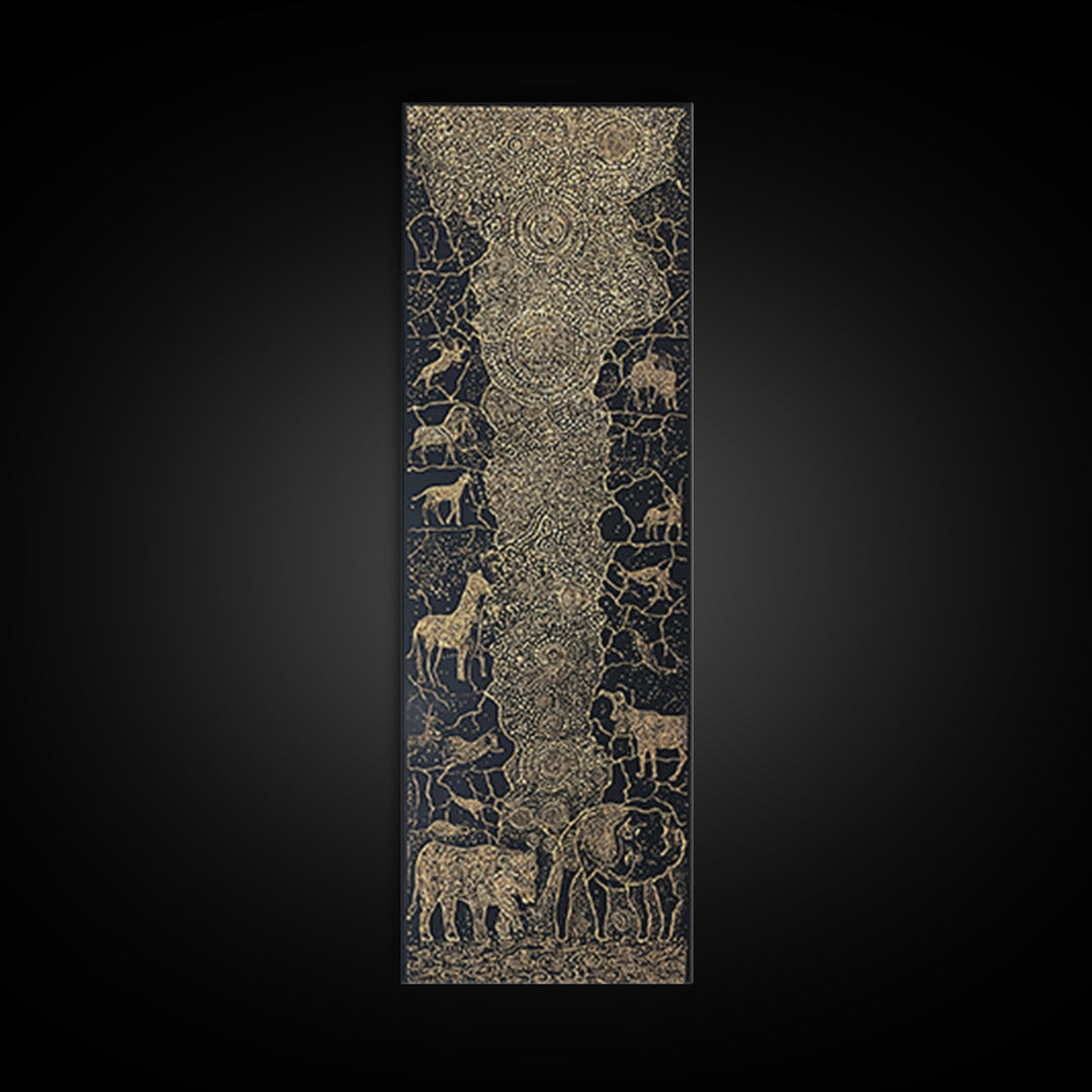 Golden African Safari Animals Wall Art, Elephant Giraffe Lion Map, Black Gold Tribal Decor, Luxury Canvas Print For Living Room