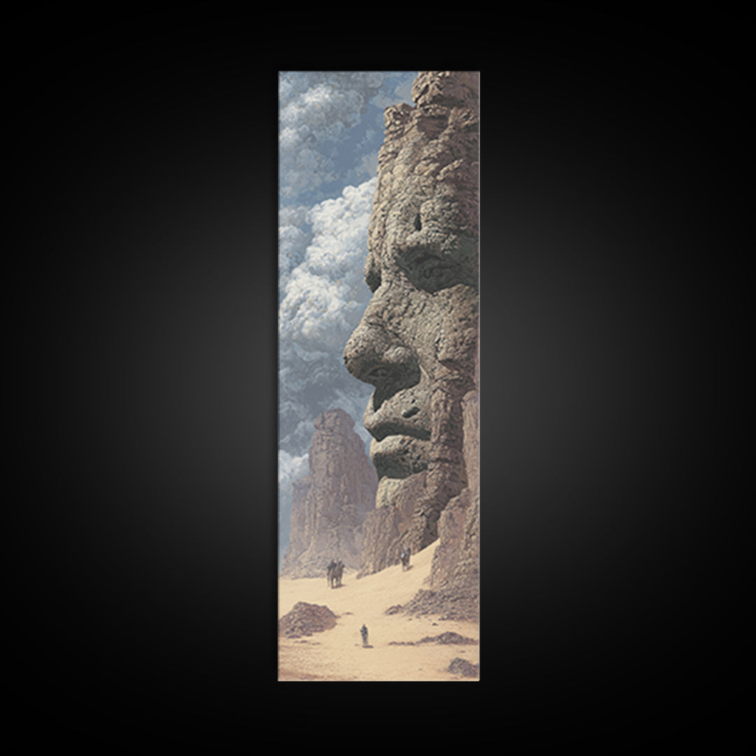 Giant Stone Face In Desert Canvas Print, Ancient African Landscape, Mystical Monument Wall Art, Sahara Explorer Decor Gift
