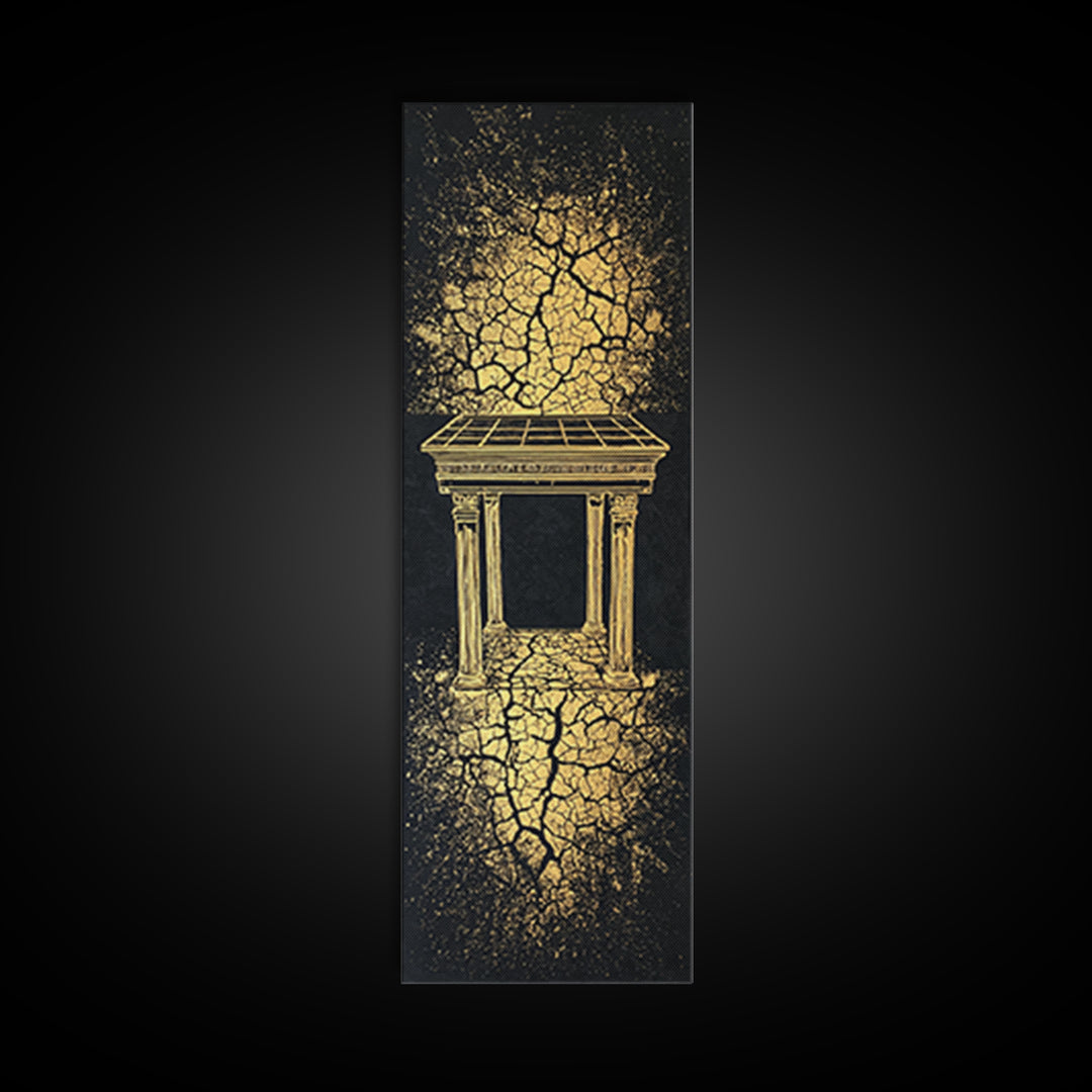 Golden Temple Portal Wall Art, Cracked Black Abstract African Inspired Decor, Ancient Ruins Canvas Print For Elegant Home