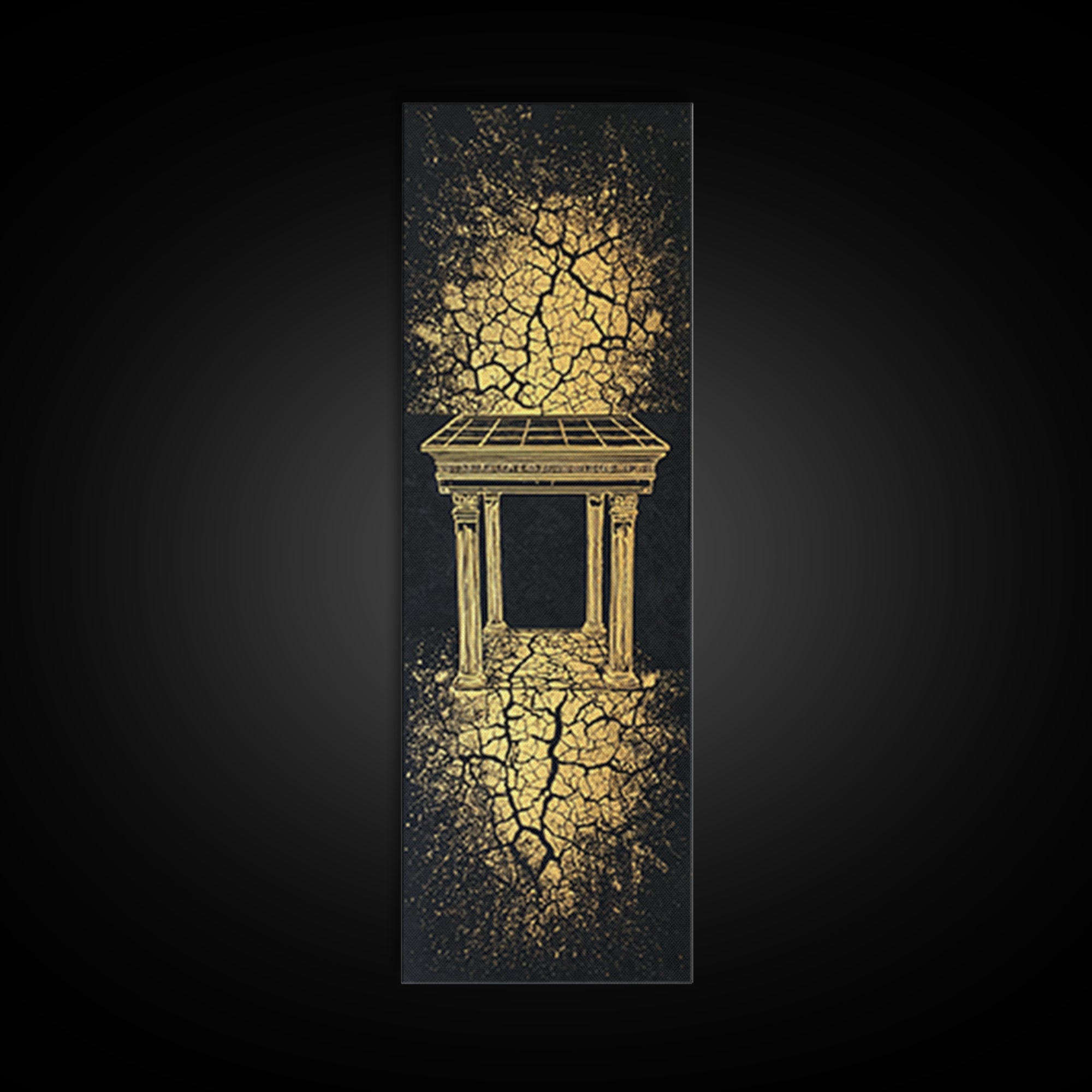 Golden Temple Portal Wall Art, Cracked Black Abstract African Inspired Decor, Ancient Ruins Canvas Print For Elegant Home
