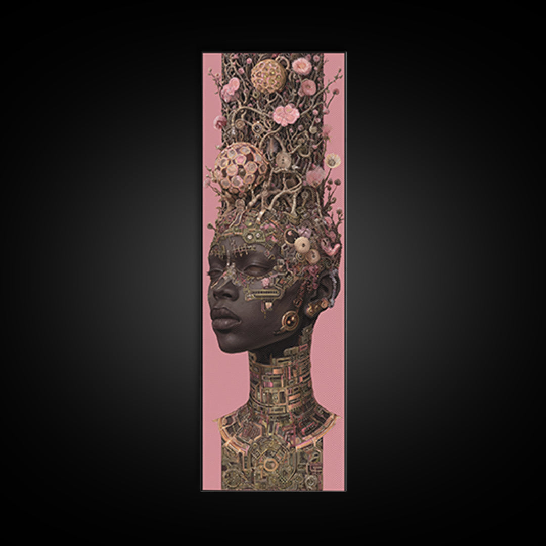 Regal Black Woman With Floral Tech Headdress Framed Canvas Print, African Queen Wall Art, Afrocentric Decor Gift For Her