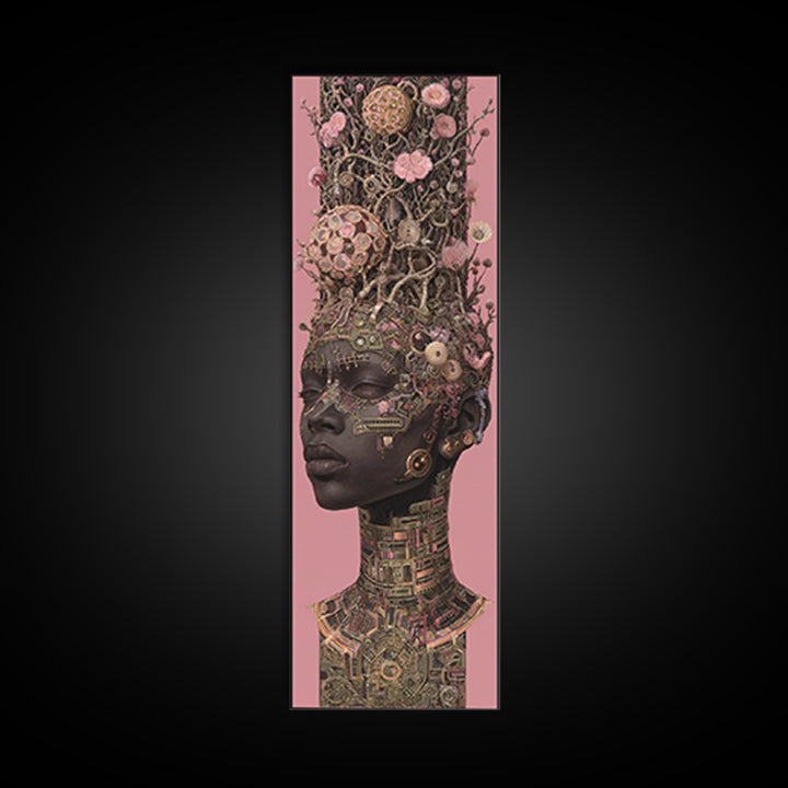 Regal Black Woman With Floral Tech Headdress Framed Canvas Print, African Queen Wall Art, Afrocentric Decor Gift For Her