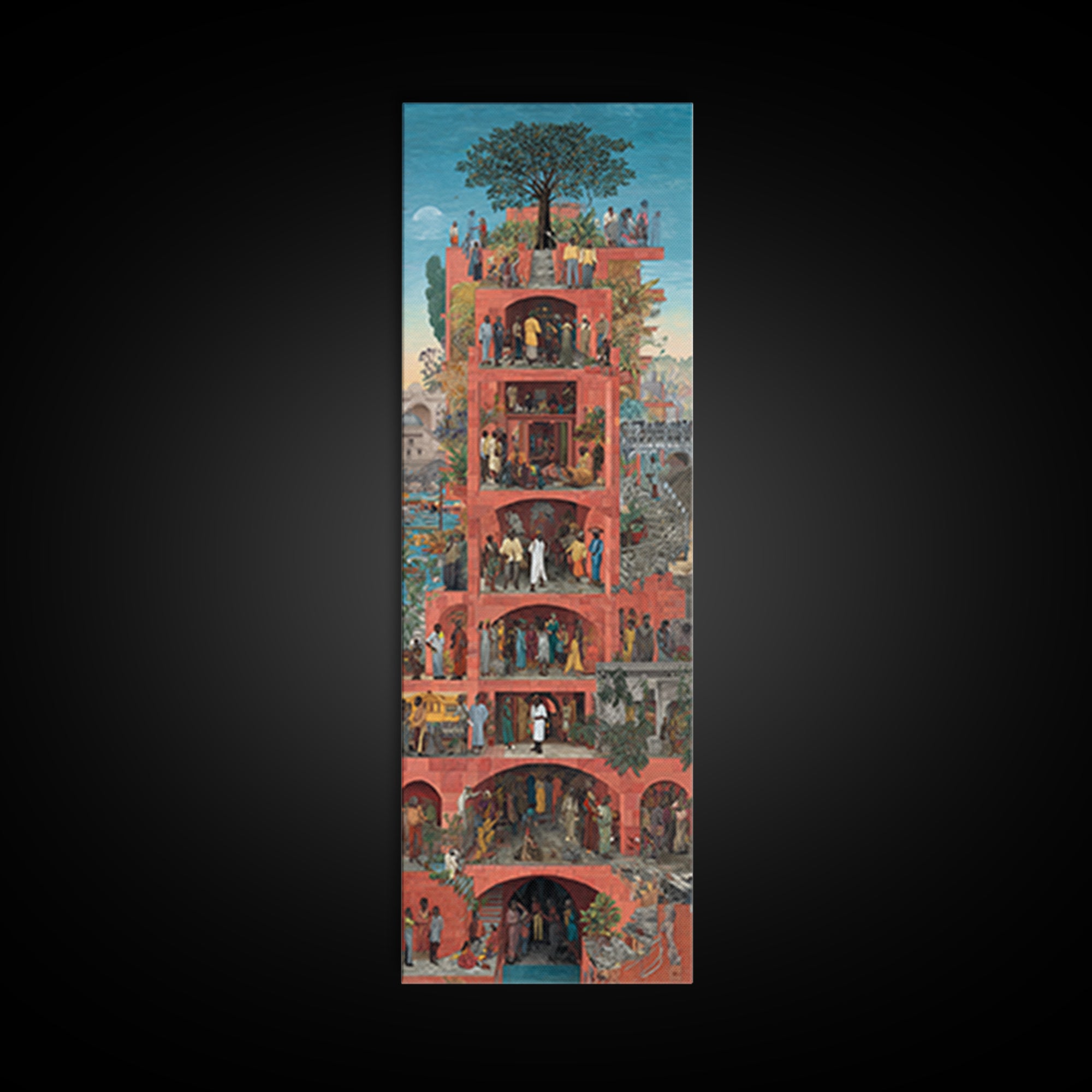 Red Vertical Community Tower Canvas Print, African City Life Wall Art, Tree Rooftop Garden, Cultural Home Decor Gift For Her