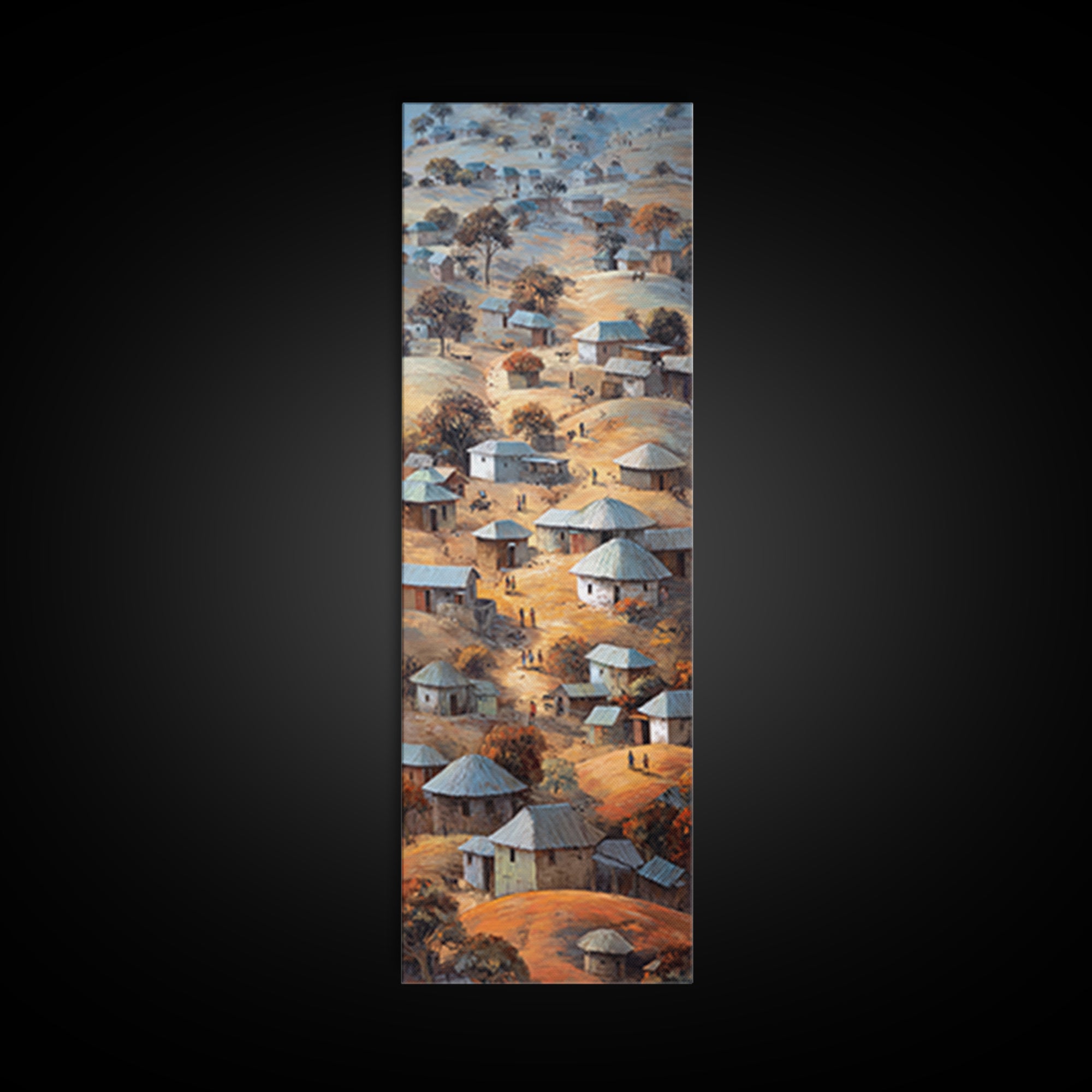 Round Hut African Village Wall Art, Aerial Tribal Landscape Painting, Earth Tone Canvas, Authentic Africa Home Decor, Gift