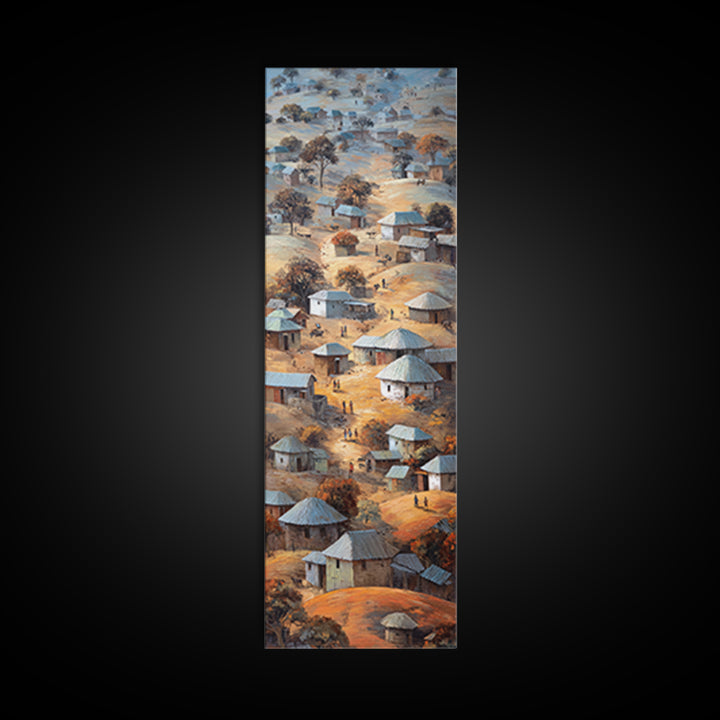 Round Hut African Village Wall Art, Aerial Tribal Landscape Painting, Earth Tone Canvas, Authentic Africa Home Decor, Gift