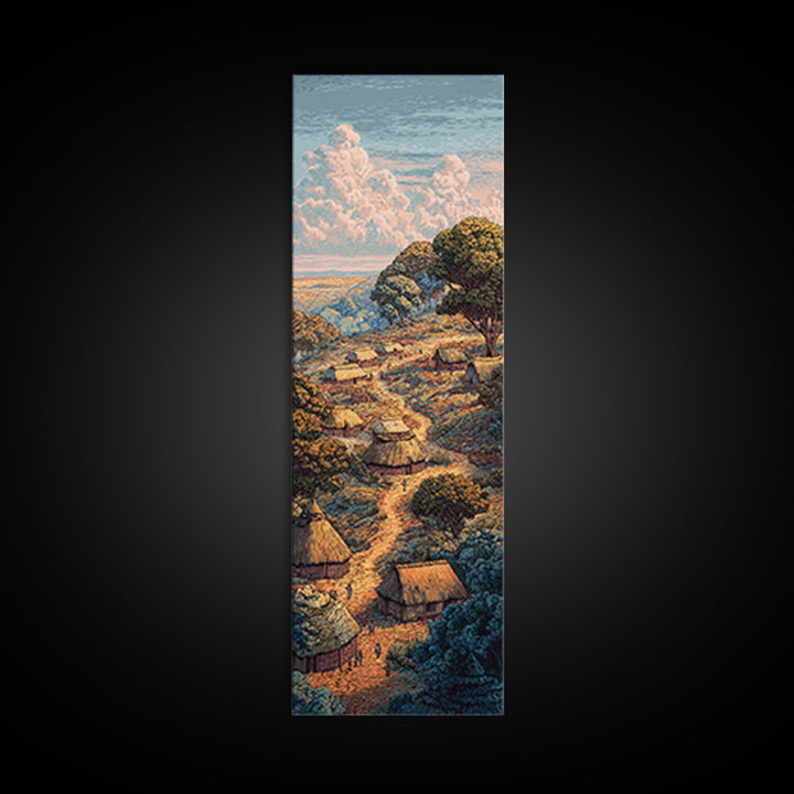 Sunlit Hillside African Village Framed Canvas Print, Boho Landscape Wall Decor, Nature Scene Art, Warm Earth Tone Gift Idea