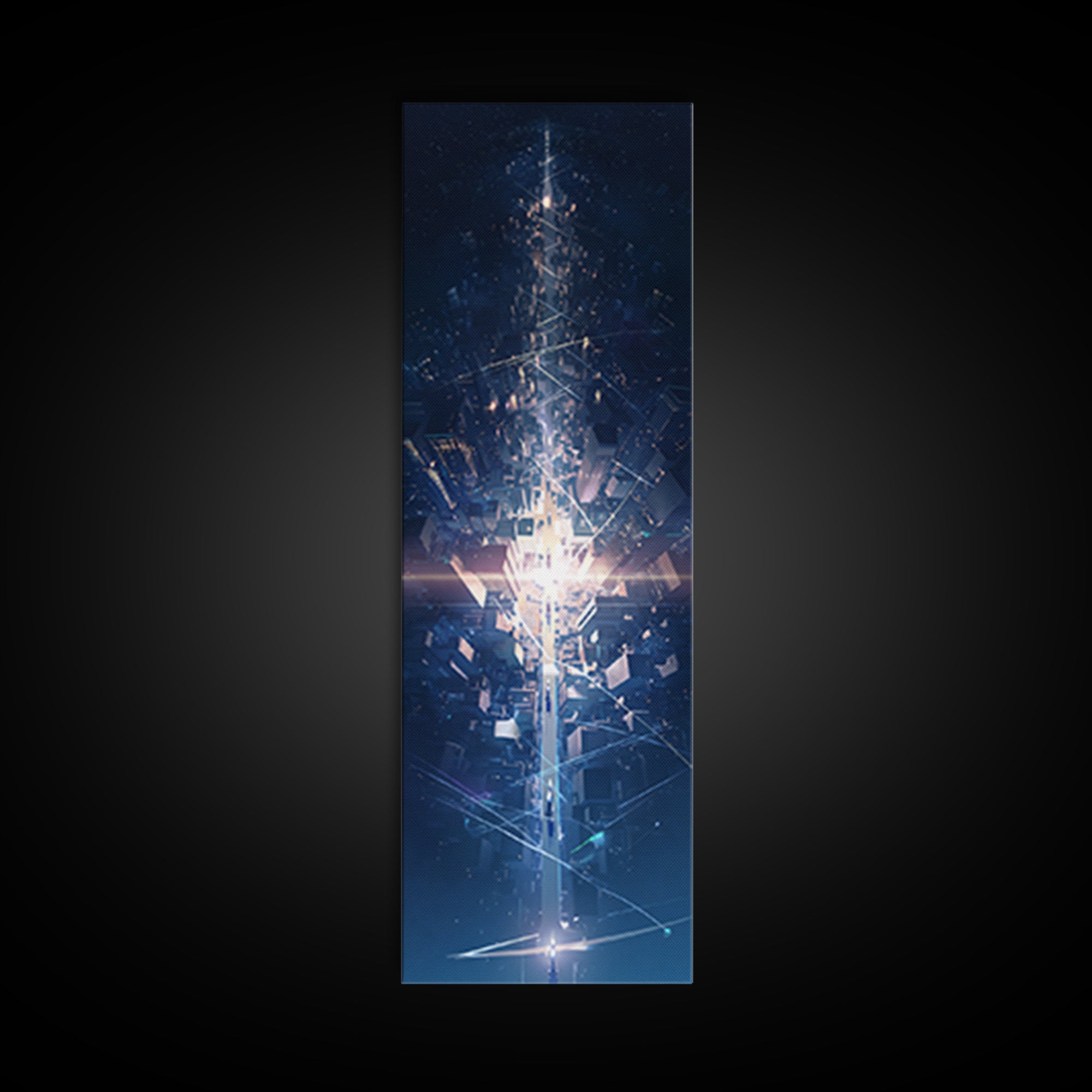 Futuristic Blue Light Tower In Dark Digital City, Canvas Print, Modern Abstract Wall Art, Afrofuturism Office Decor Gift
