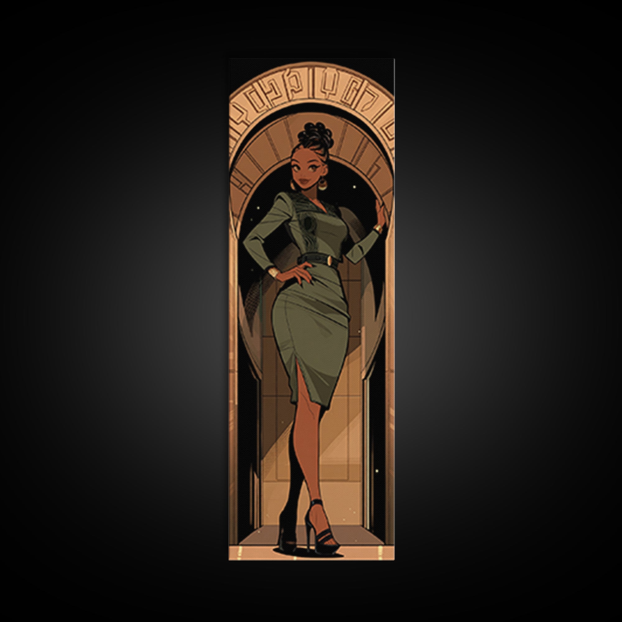Elegant Black Woman In Green Dress Framed Canvas Print, Afrocentric Wall Art, Fashion Portrait, Black Beauty Home Decor, Gift