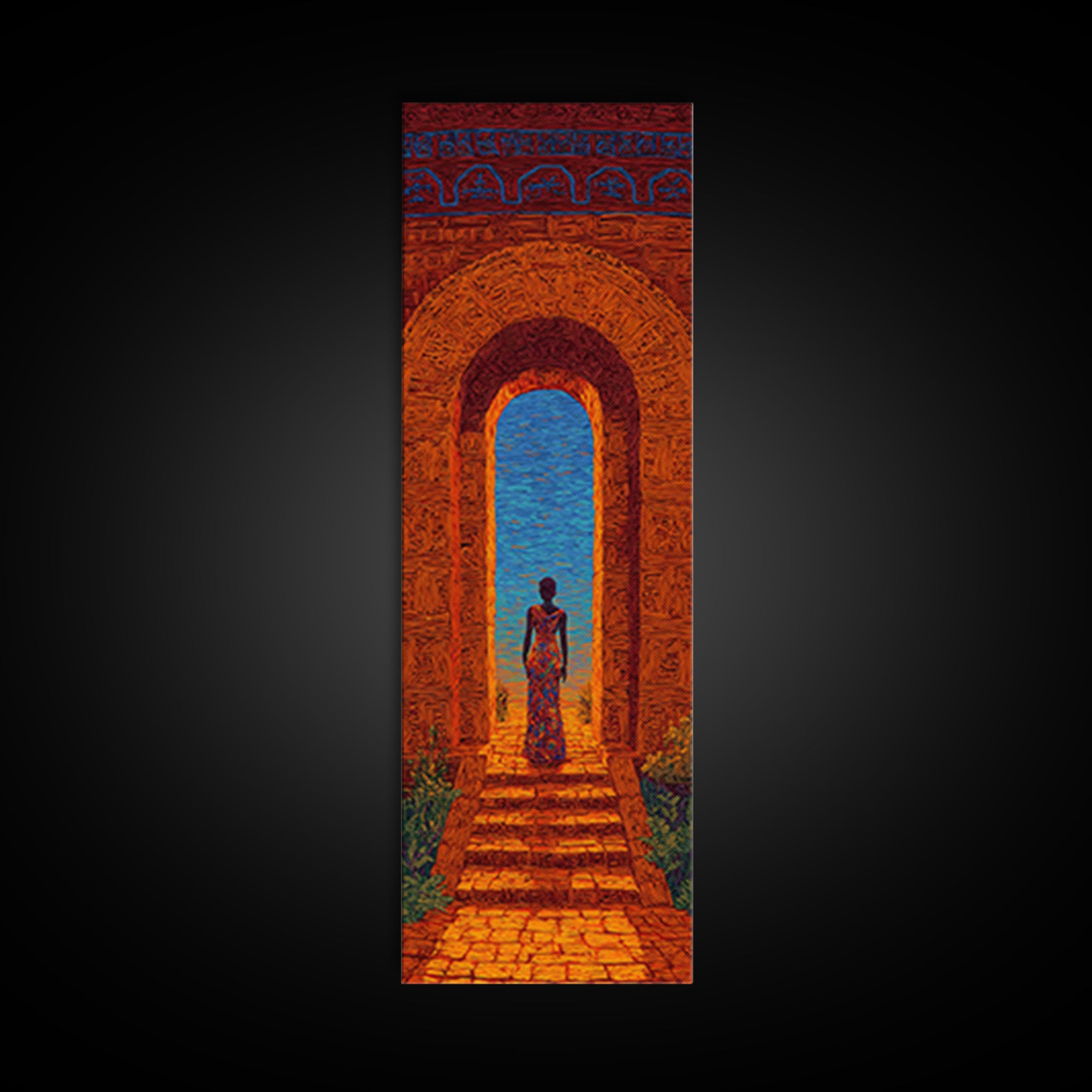 African Woman In Ornate Arch Wall Art, Blue Sea Doorway Painting, Afrocentric Decor, Cultural Travel Canvas Print Gift Idea