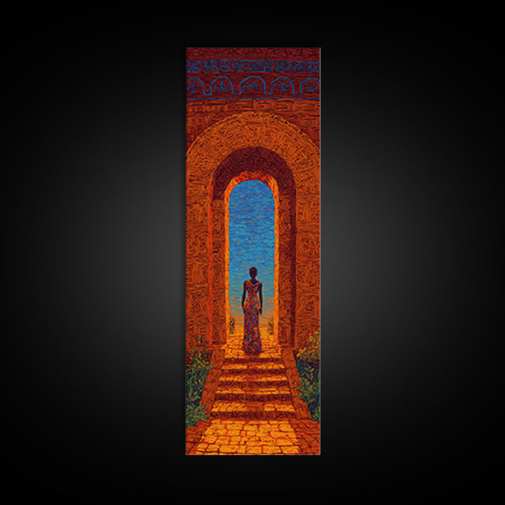 African Woman In Ornate Arch Wall Art, Blue Sea Doorway Painting, Afrocentric Decor, Cultural Travel Canvas Print Gift Idea