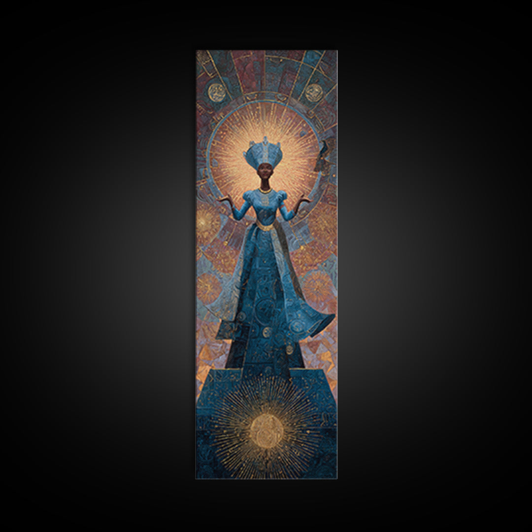 Blue African Goddess With Crown And Radiant Halo Framed Canvas Print, Black Queen Portrait, Afrocentric Luxury Wall Decor