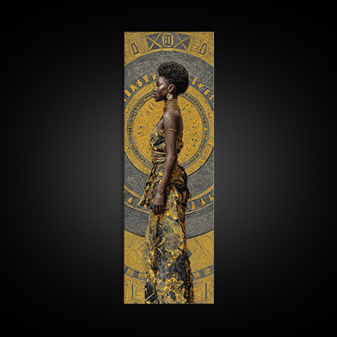 Elegant Black Woman In Gold Dress Canvas Print, African Portrait Wall Art, Afrocentric Fashion Decor, Modern Cultural Gift