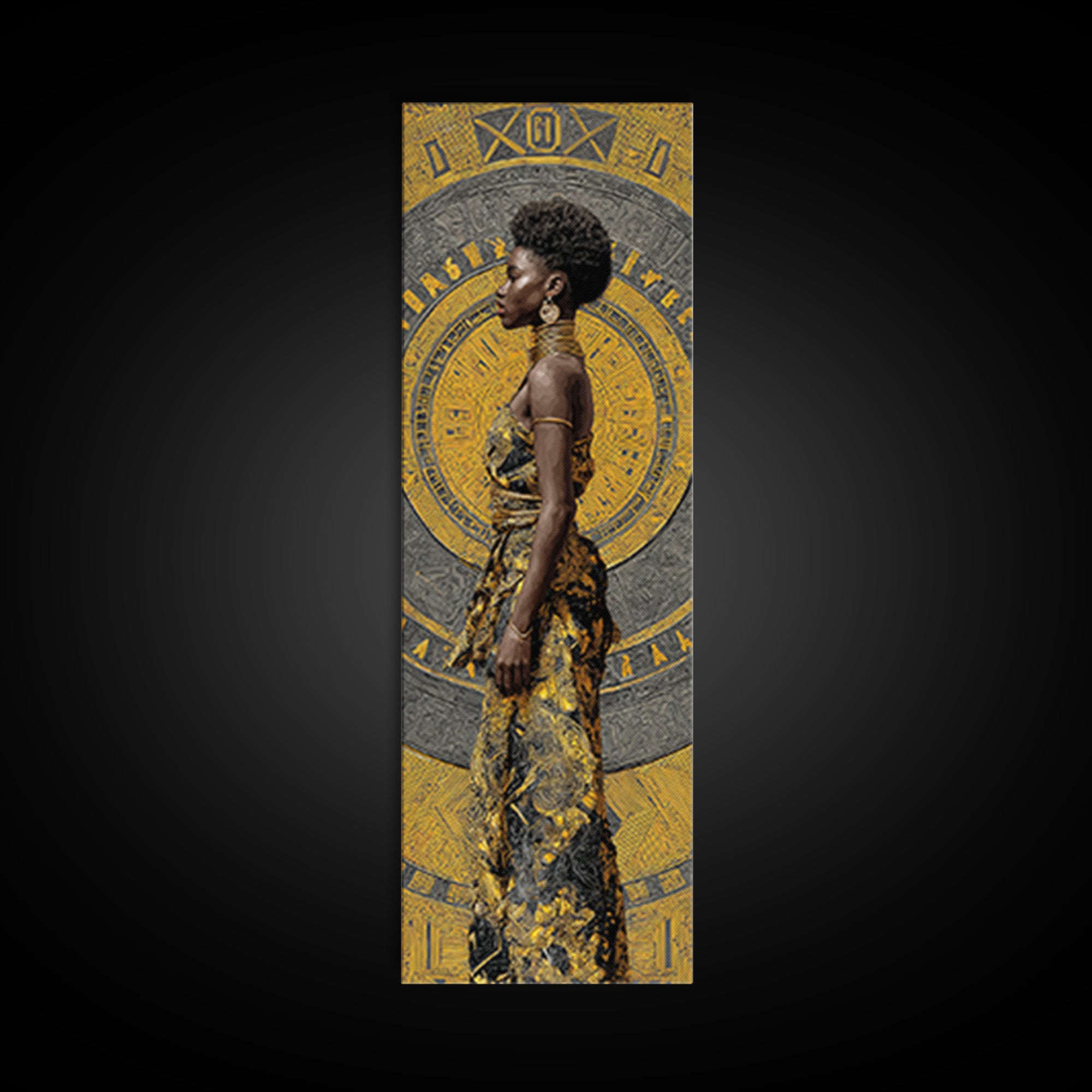 Elegant Black Woman In Gold Dress Canvas Print, African Portrait Wall Art, Afrocentric Fashion Decor, Modern Cultural Gift