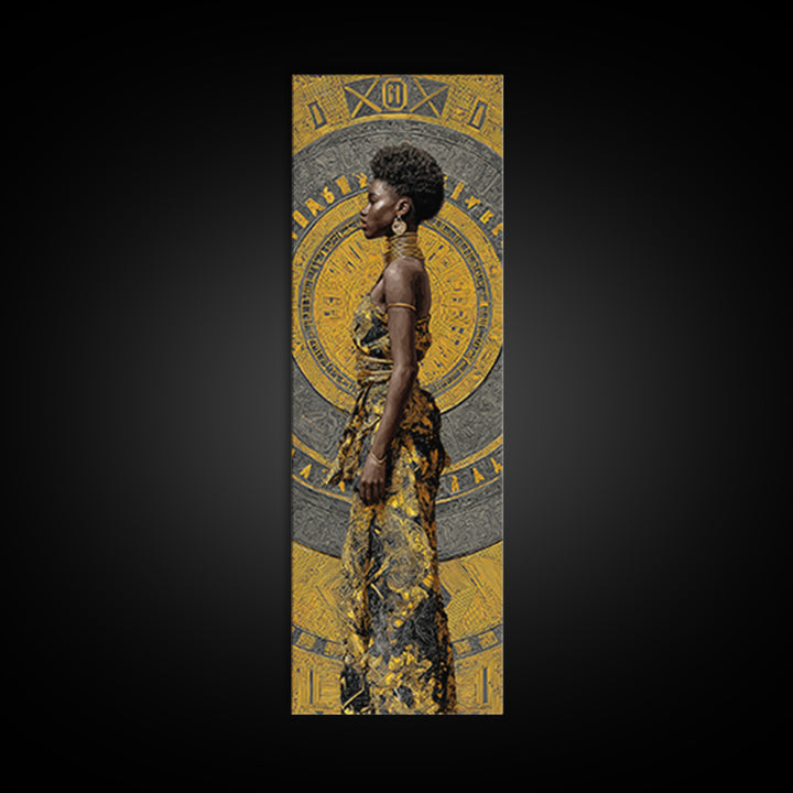 Elegant Black Woman In Gold Dress Canvas Print, African Portrait Wall Art, Afrocentric Fashion Decor, Modern Cultural Gift