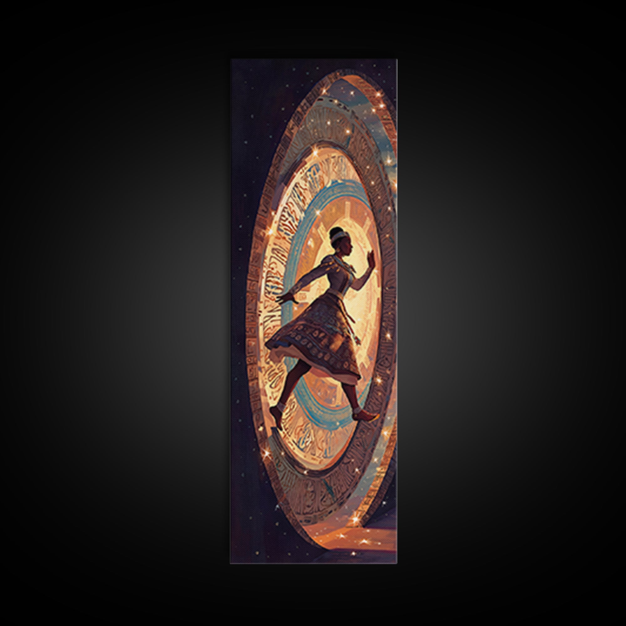 Afro Girl Running Through Cosmic Portal Wall Art, African Inspired Fantasy Scene, Black Girl Magic Decor, Dreamy Canvas Gift