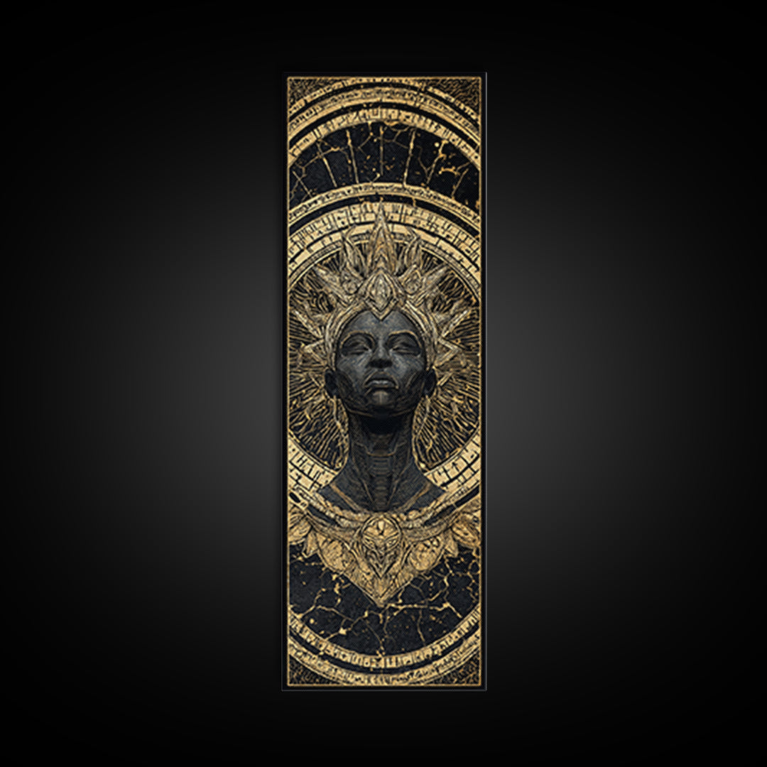 Ancient Black Queen With Golden Crown Framed Canvas Print, African Mask Inspired Portrait, Afrocentric Luxury Wall Decor