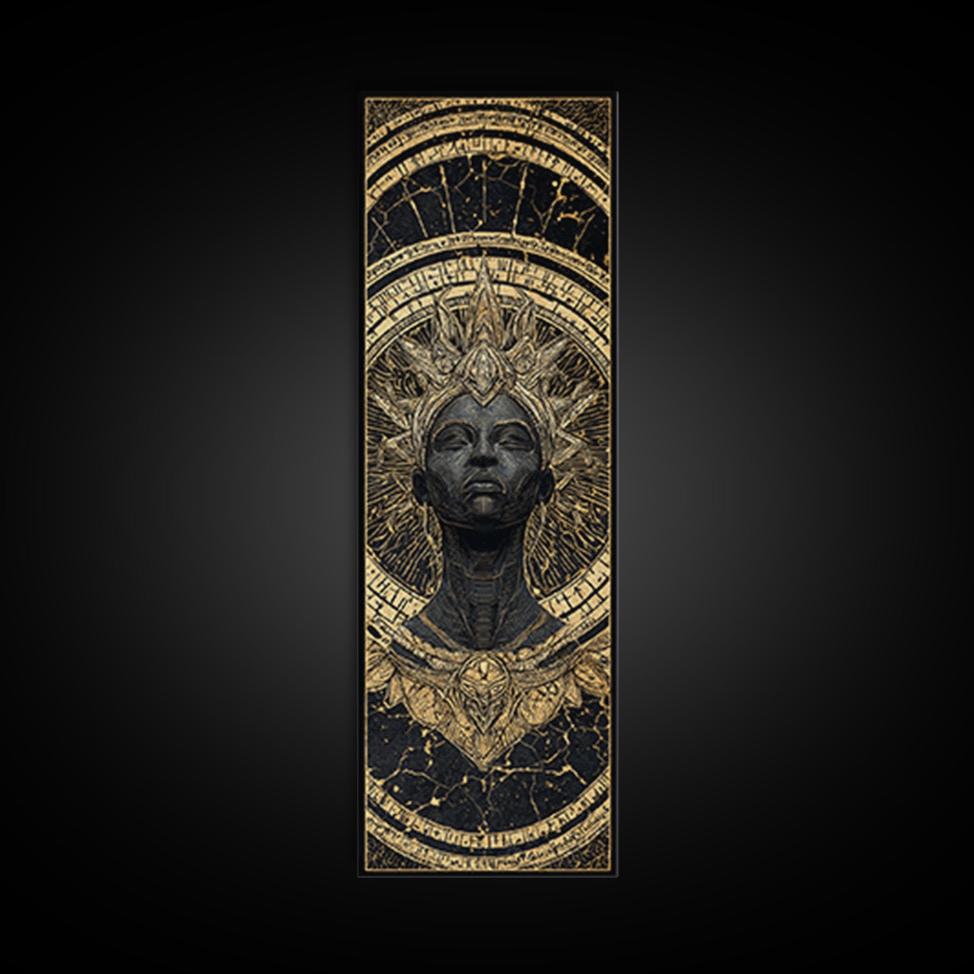 Ancient Black Queen With Golden Crown Framed Canvas Print, African Mask Inspired Portrait, Afrocentric Luxury Wall Decor