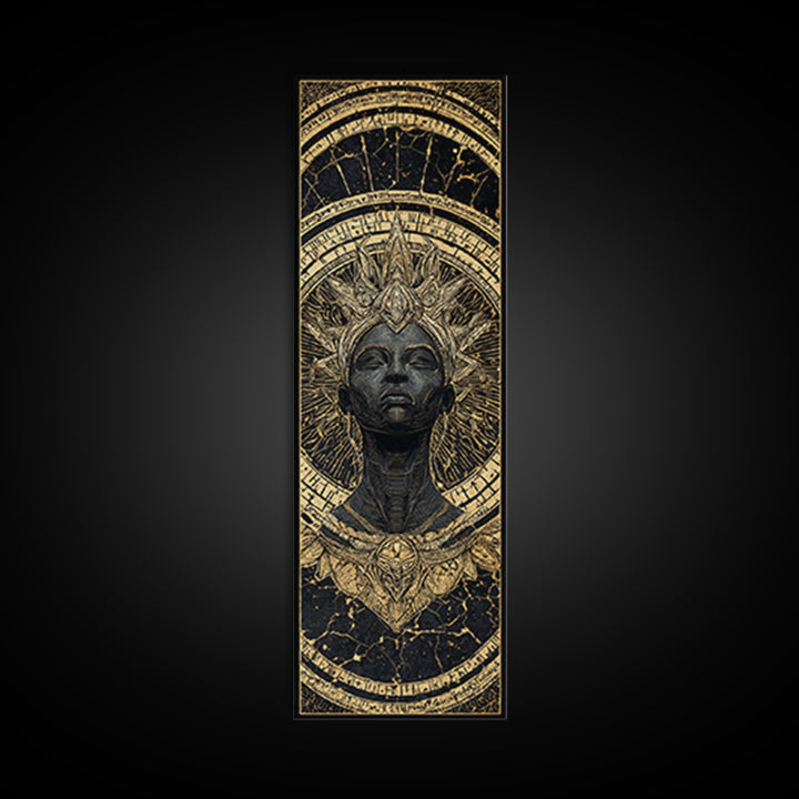 Ancient Black Queen With Golden Crown Framed Canvas Print, African Mask Inspired Portrait, Afrocentric Luxury Wall Decor