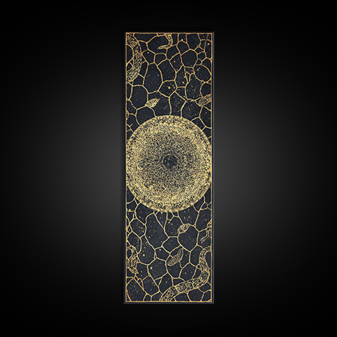 Golden Celestial Sun Orb On Black Stone Wall Art, African Abstract Pattern, Spiritual Minimalist Decor, Luxury Canvas Gift