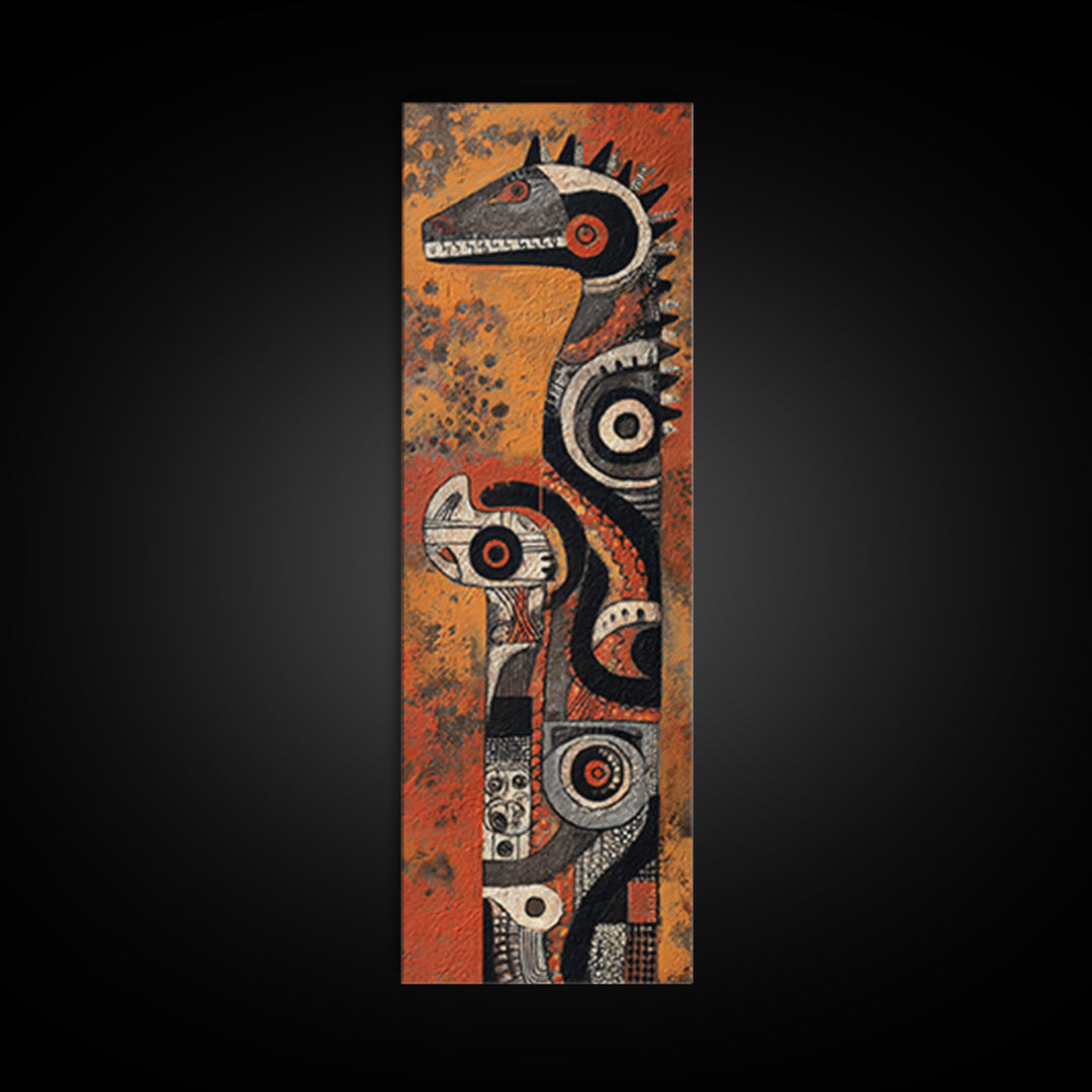 Textured African Totem Horse Framed Canvas Print, Tribal Mask Wall Art, Orange Black Decor, Cultural Statement Artwork Gift