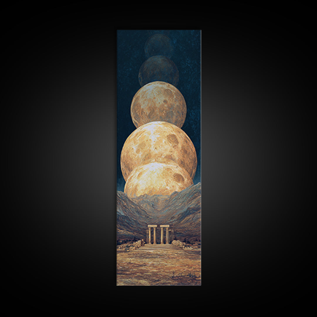 Stacked Golden Moons Over Desert Temple Wall Art, African Inspired Celestial Landscape, Luxury Canvas Decor, Mystical Home Gift