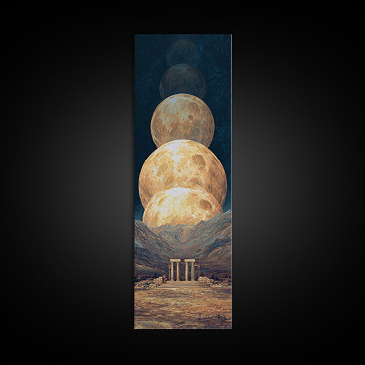 Stacked Golden Moons Over Desert Temple Wall Art, African Inspired Celestial Landscape, Luxury Canvas Decor, Mystical Home Gift