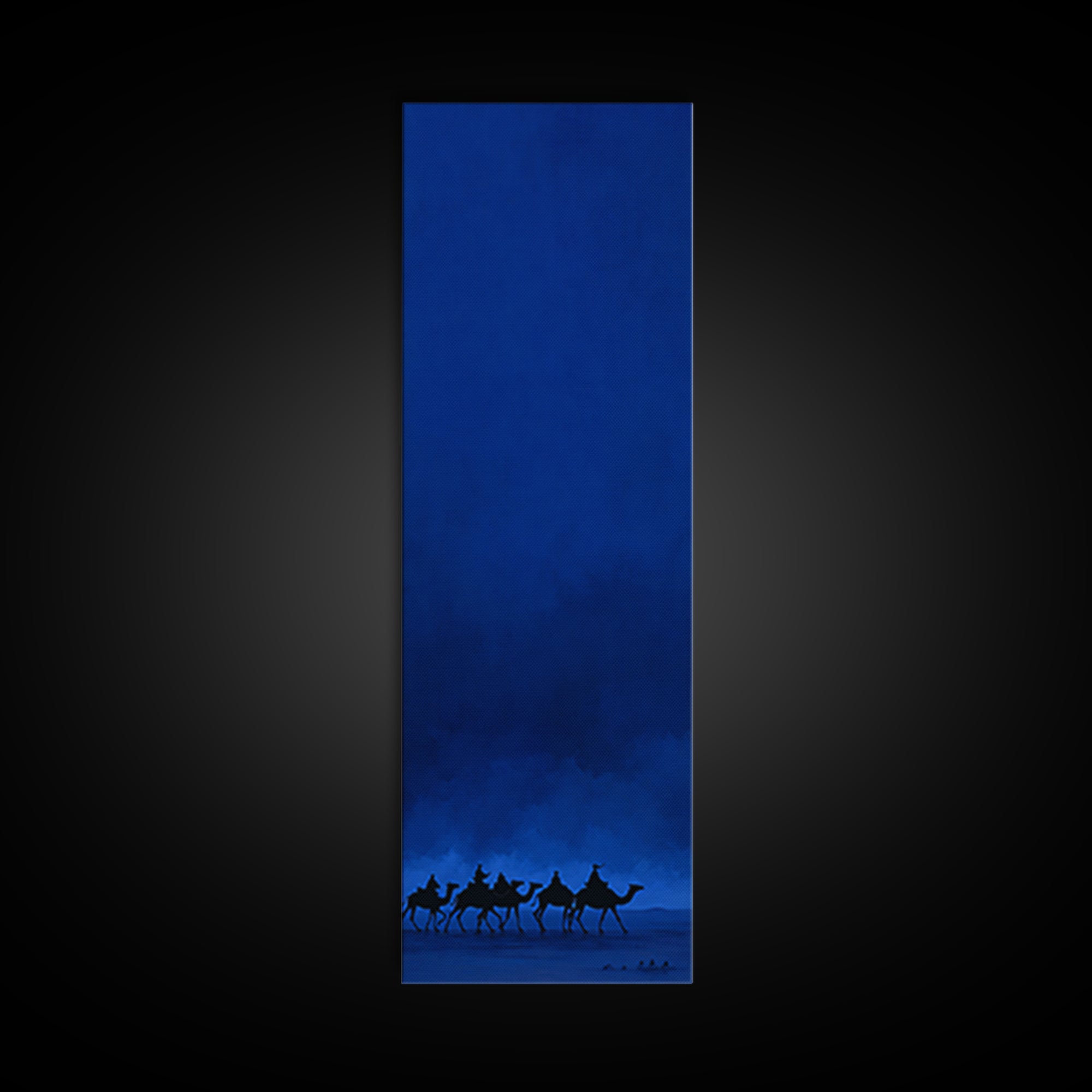 Midnight Blue Camel Caravan Wall Art, African Desert Landscape Print, Minimal Safari Decor, Large Canvas For Modern Home