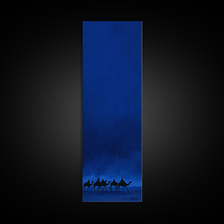 Midnight Blue Camel Caravan Wall Art, African Desert Landscape Print, Minimal Safari Decor, Large Canvas For Modern Home