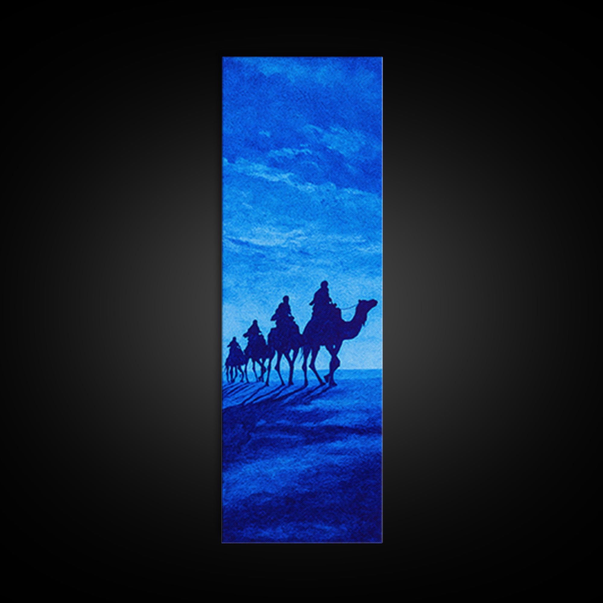 Bright Blue Camel Caravan Canvas Print, African Travel Wall Art, Sahara Desert Decor, Minimal Safari Artwork For Serene Home