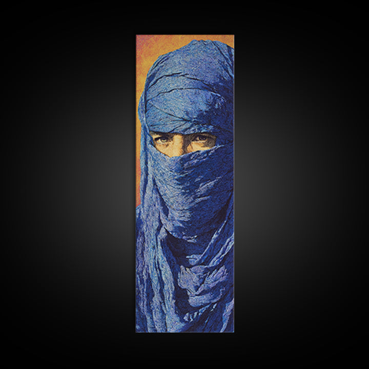 Blue Veiled Desert Man Wall Art, African Portrait Canvas Print, Tuareg Nomad Artwork, Bold Orange Cultural Home Decor Gift