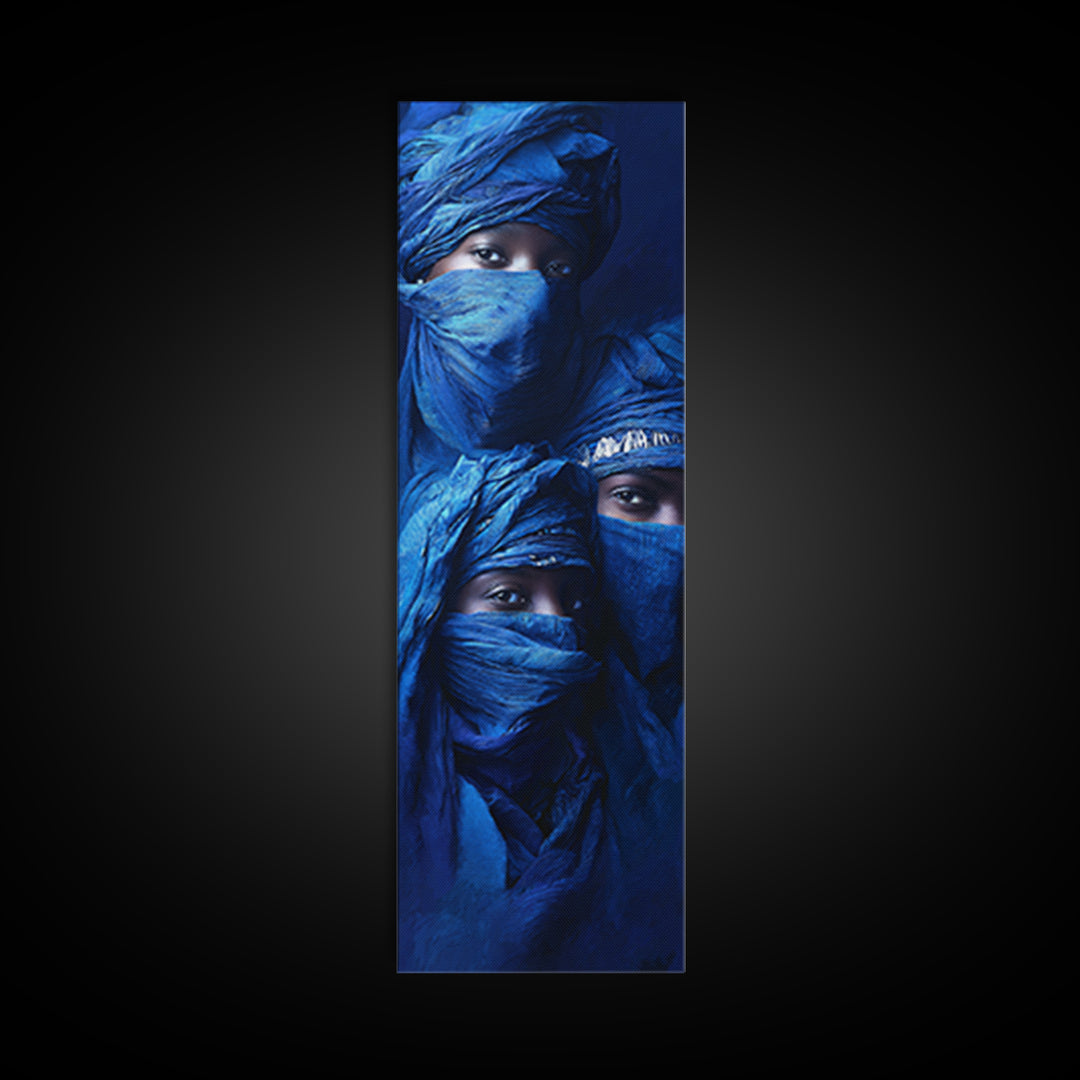 Three Blue Veiled Nomads Framed Canvas Print, African Portrait Art, Tuareg Portrait Wall Art, Indigo Afrocentric Decor Gift