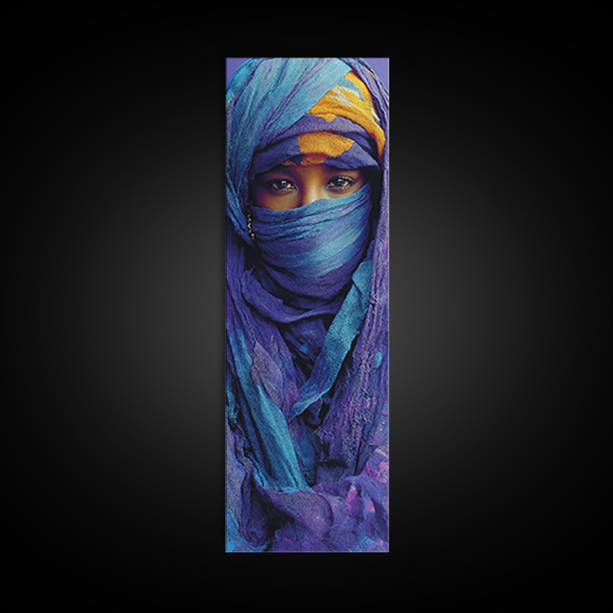Turquoise Veiled African Woman Wall Art, Blue Purple Portrait Canvas Print, Desert Nomad Decor, Black Beauty Art Gift For Her