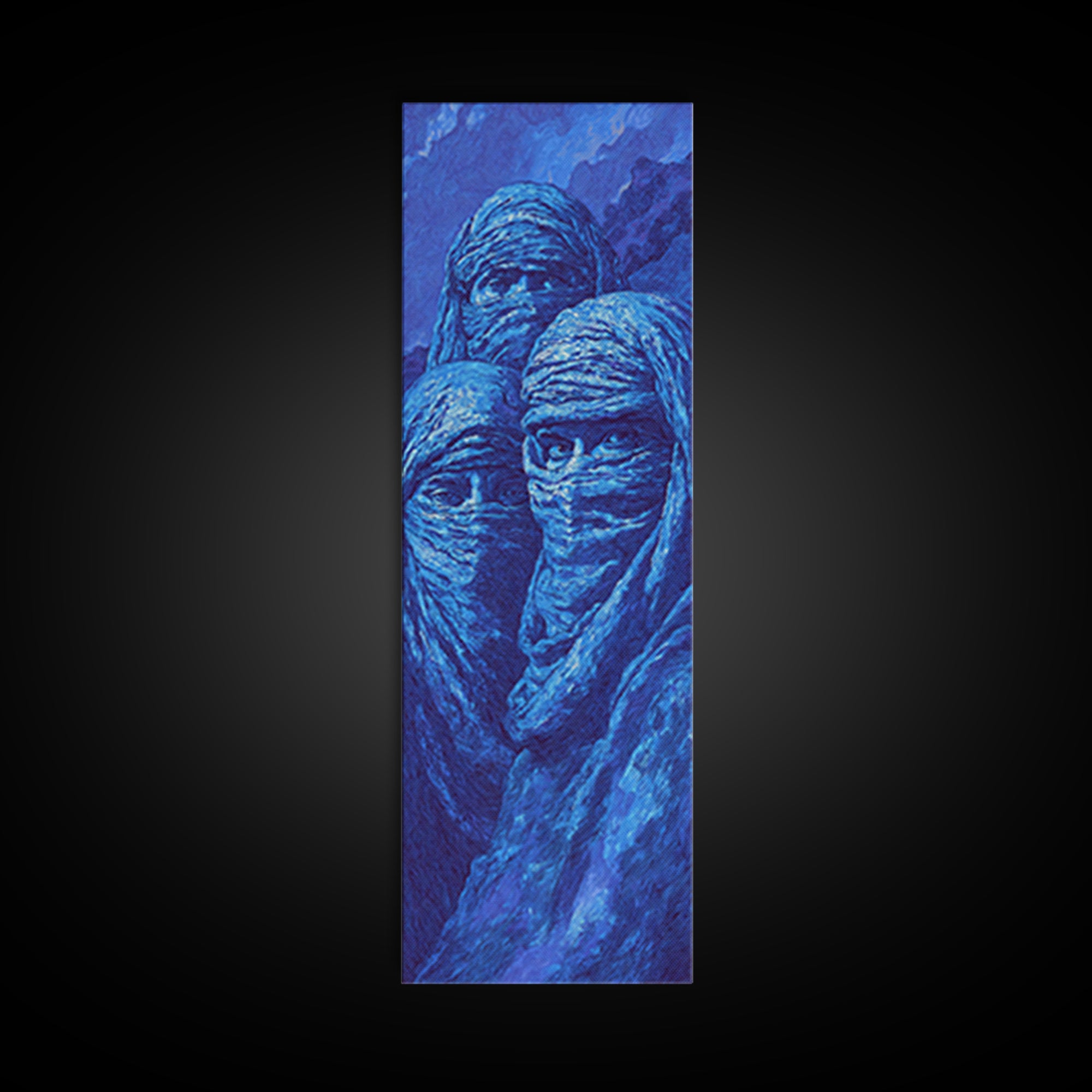 Mystic Blue Veiled Trio Canvas Print, Abstract African Portrait Wall Art, Tuareg Nomad Decor, Spiritual Indigo Artwork Gift