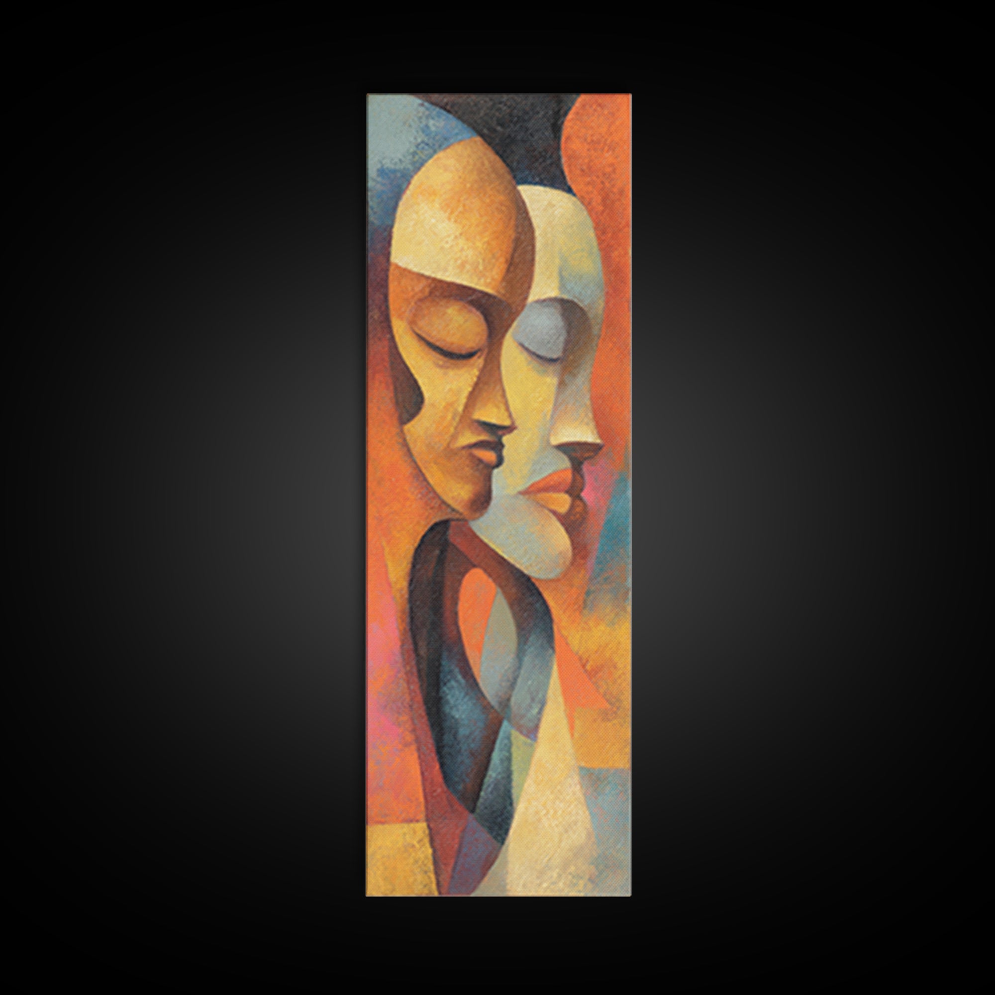 Abstract African Couple Faces In Warm Orange Tones Wall Art, Afrocentric Portrait Canvas, Black Culture Home Decor Gift Idea