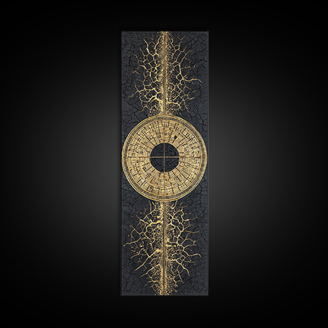 Gold Tribal Sun Disc On Cracked Black Texture Wall Art, African Abstract Decor, Modern Afrocentric Canvas, Statement Home Decor