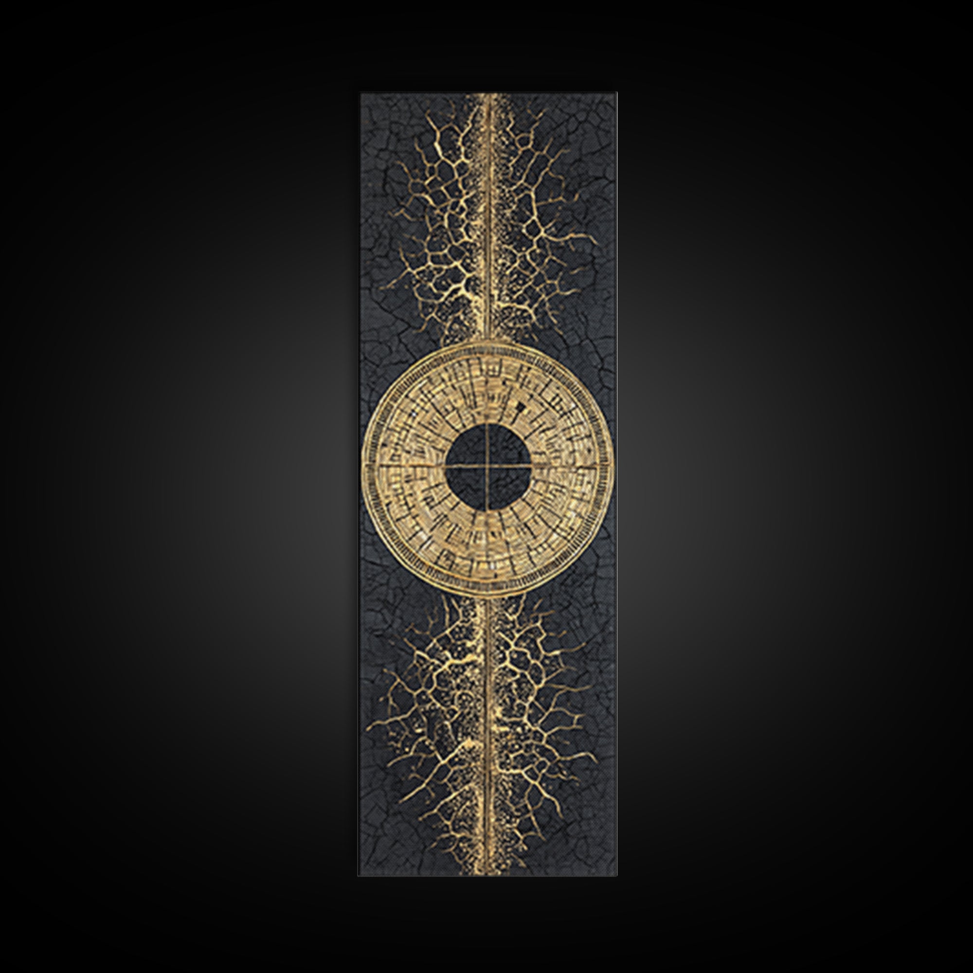 Gold Tribal Sun Disc On Cracked Black Texture Wall Art, African Abstract Decor, Modern Afrocentric Canvas, Statement Home Decor