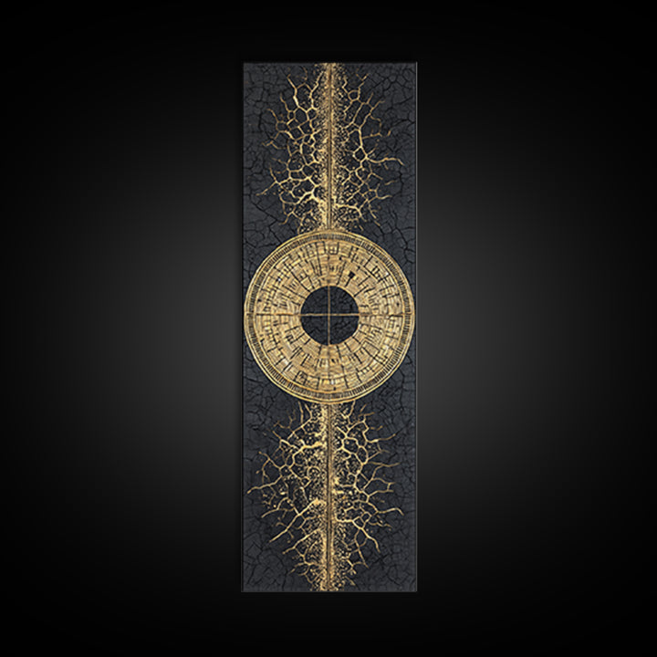 Gold Tribal Sun Disc On Cracked Black Texture Wall Art, African Abstract Decor, Modern Afrocentric Canvas, Statement Home Decor