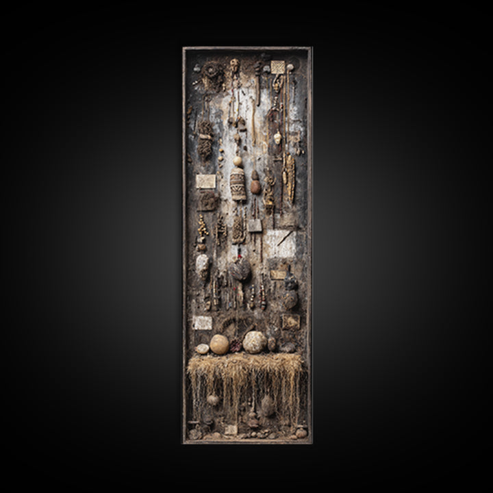 Earthy African Artifact Shadowbox Wall Art, Tribal Assemblage Decor, Ancestral Beads Gourds, Rustic Cultural Home Decor Gift