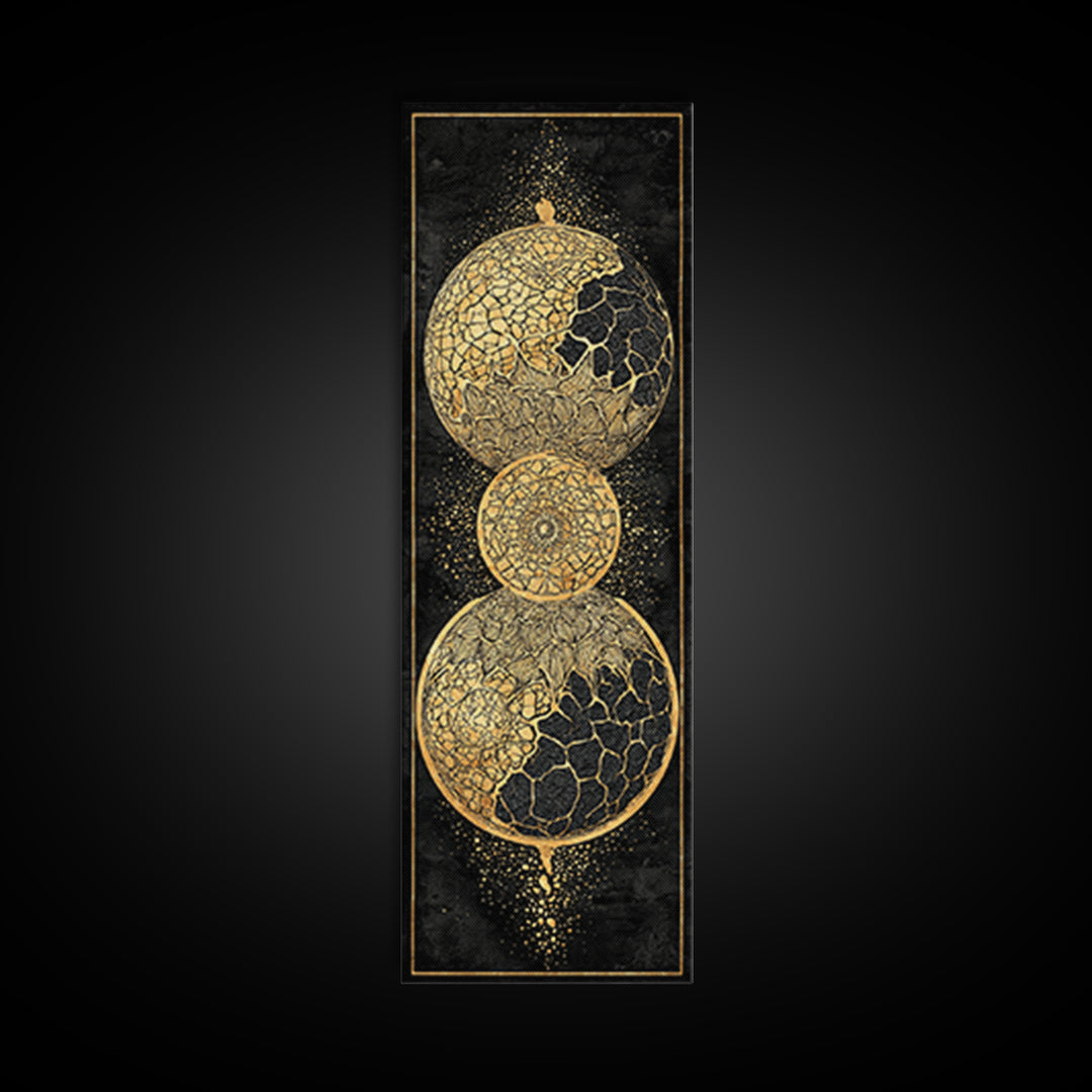 Cracked Gold Celestial Orbs On Black Canvas Print, African Abstract Wall Art, Modern Geometric Decor, Luxury Statement Home Gift