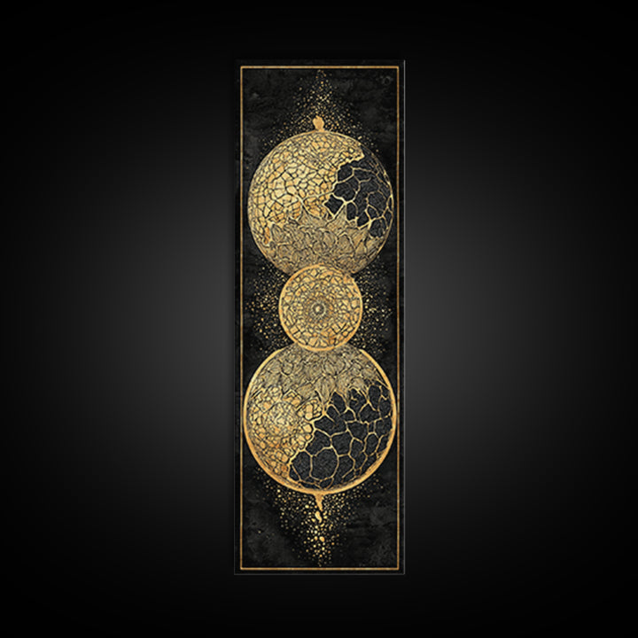 Cracked Gold Celestial Orbs On Black Canvas Print, African Abstract Wall Art, Modern Geometric Decor, Luxury Statement Home Gift